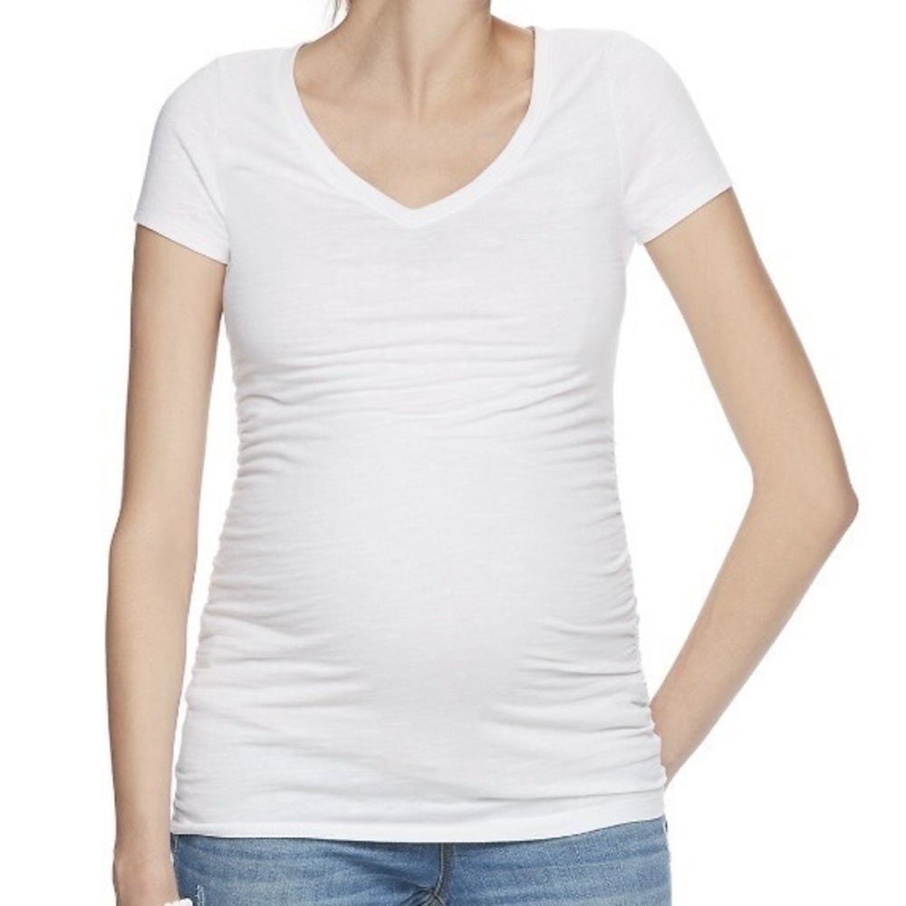 A Glow Maternity Essential Ruched V Neck Tee XS New with Tags White Basic Clean